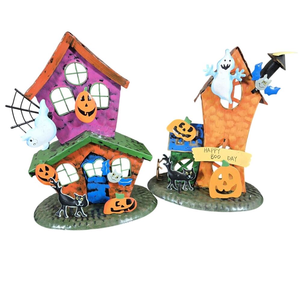 Halloween Haunted House Tealight Candle Holder Set of 2 Metal Ghost Pumpkin